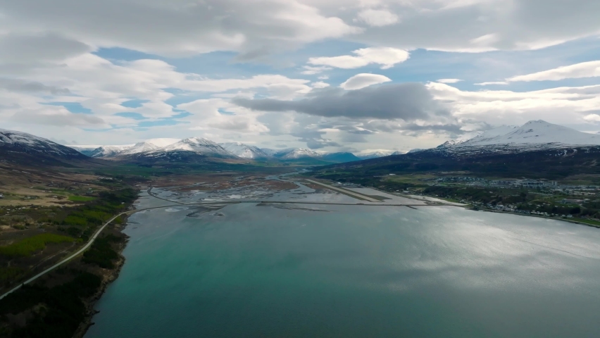 Beautiful aerial nature near Akureyri town in North Iceland. Icelandic nature.