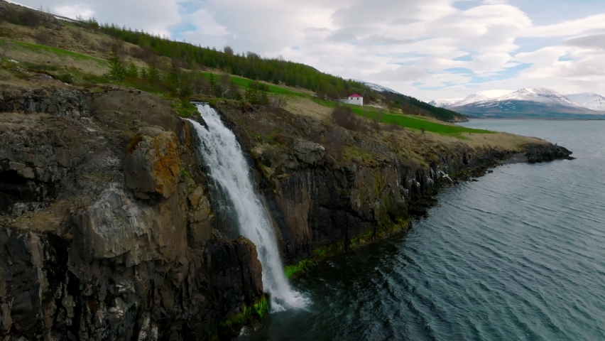 Aerial view of the waterfall from the hot river spring near the town of Akureyri in North Iceland. 