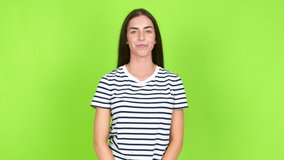 Young brunette woman . Portratit over isolated background. Green screen chroma key