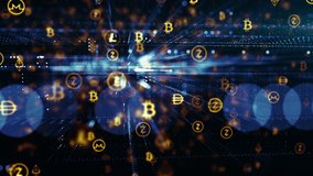 Digital background with with bitcoin tether ethereum. Cyber banking. Cryptocurrency money mining. Blockchain technology symbols 3d rendering abstract concept animation. Futuristic icons background. - Powered by Shutterstock - Get 15% off with code: PIKWIZARD15