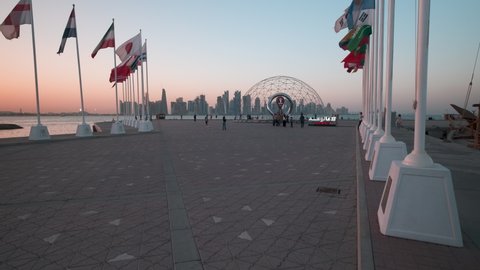 Doha, Qatar-May 16 2022:The FIFA World Cup Qatar 2022 Official Countdown Clock was unveiled on Sunday 21 November at Doha’s picturesque Corniche Fishing Spot with flags of participant countries