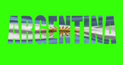 Argentina country lettering word text with flag waving animation on green screen 4K. Chroma key background