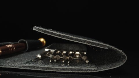 A set of small screwdrivers for the watch. Dolly slider extreme close-up. Laowa Probe