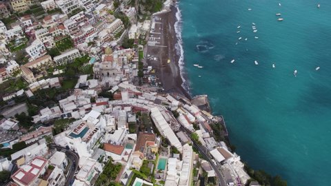 Colorful Positano overhead view with dramatic cliff- and seaside setting