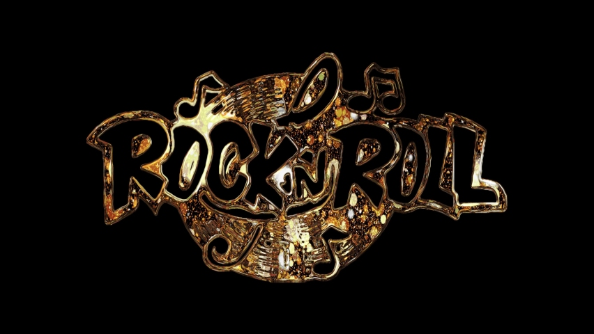 "Rock'n Roll" lettering written in gold on a black background. Rock'n Roll text, icon. Musical style. Logo. Isolated. Rock music. Calligraphy.  Royalty-Free Stock Footage #1090707271