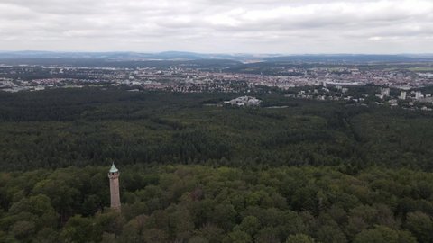 Kaiserslautern, Rhineland Palatinate - Septmeber 23rd 2021: Aerial view of forest and Humbergterm viewing tower in Kaiserslautern