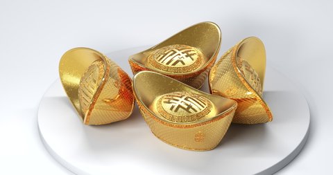 Chinese golden ingots are spinning on a stand, on a white background, seamless loop, 3d render. Foreign text means rich, lucky and blessed