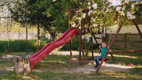 Happy childhood, the boy is riding on a swing. The child is playing on the playground near the tree.
