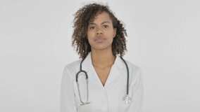 Welcoming African Female Doctor Waving Hand on White Background 