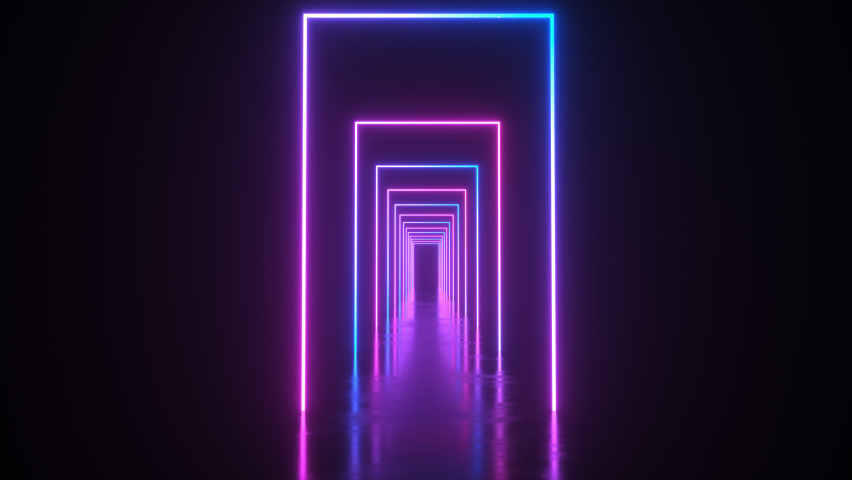 A colorful rectangular neon glowing frame on a dark reflective matte surface in a seamless loop.