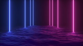 This stock motion graphics video shows a dark glowing neon strings frame and flowing ocean in seamless loops.