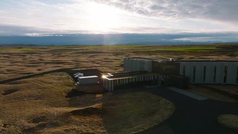 Landhotel, Iceland. May 10, 2022. Luxury lonely hotel located in the middle of nowhere in Iceland. Amazing modern building aerial view.