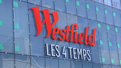 Paris, France - May 2022 : Exterior entrance of Westfield les Quatre Temps shopping center in the district of La Defense in Paris, France