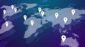 Abstract world map animation with pointers. pins, navigation and travel concept. GPS location services, Global Business Network. modern Technology. hi-tech futuristic style, 3d. animated stock footage - Powered by Shutterstock - Get 15% off with code: PIKWIZARD15
