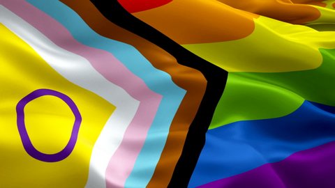 Intersex Inclusive new LGBT flag. Progress Pride Flag pride video waving in wind. new LGBT flag. colorful Rainbow Inclusive Flag LGBT background. Intersex Rainbow Flags Looping Closeup 1080p Full HD 