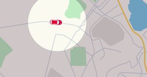 GPS tracking navigation concept. Map GPS-navigation system. Smartphone App Map. Seamless loop. 4k animation of an app screen of traveling city map background with red car moving forward