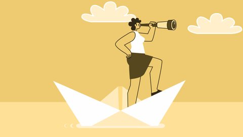 Yellow Style Woman Flat Character Looking Through Telescope and Sailing on Paper Boat. Isolated Loop Animation with Alpha Channel