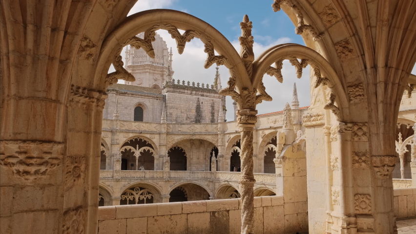 Beautiful reticulated vaulting in courtyard of Hieronymites Monastery in Lisbon, Portugal. Famous Lisboa landmark and Unesco Heritage site.  Royalty-Free Stock Footage #1090740419