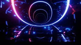 Hi-tech neon sci-fi tunel. Trendy neon glow lines form pattern and construction in mirror tunnel. Beautiful neon tunnel. Fly through technology cyberspace. 3d looped seamless 4k bright youth bg. Rings
