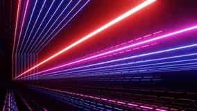 Hi-tech neon sci-fi tunel. Trendy neon glow lines form pattern and construction in mirror tunnel. Fly through technology cyberspace. 3d looped seamless 4k bright youth background. Glow lines