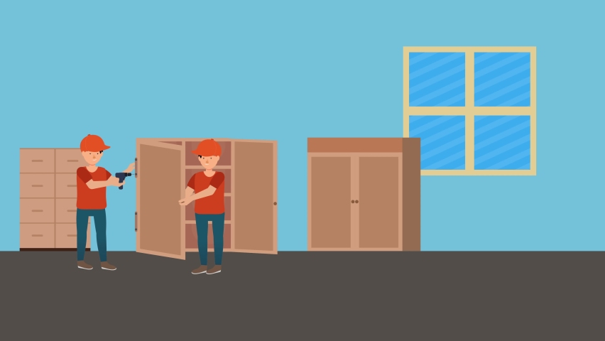Flat characters making furniture for a house 4K animation. Carpenters are making a cupboard inside a house 4K footage. Carpenter uses his tool to repair a cupboard or furniture, animated video.