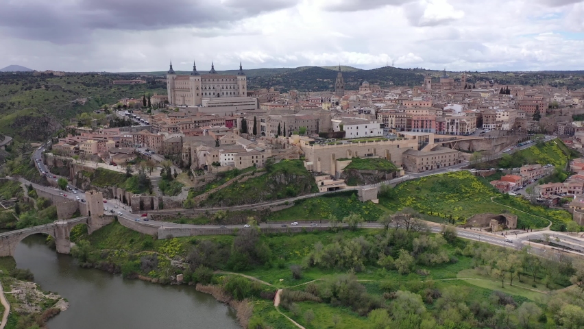 View of the famous Alcazar palace in the medieval Toledo old town in Spain