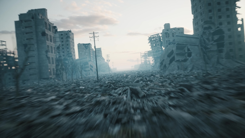 Flight over a bombed out city. Camera moving along the ruined city. The concept of the end of the war. Ruined city in Ukraine. 3d animation