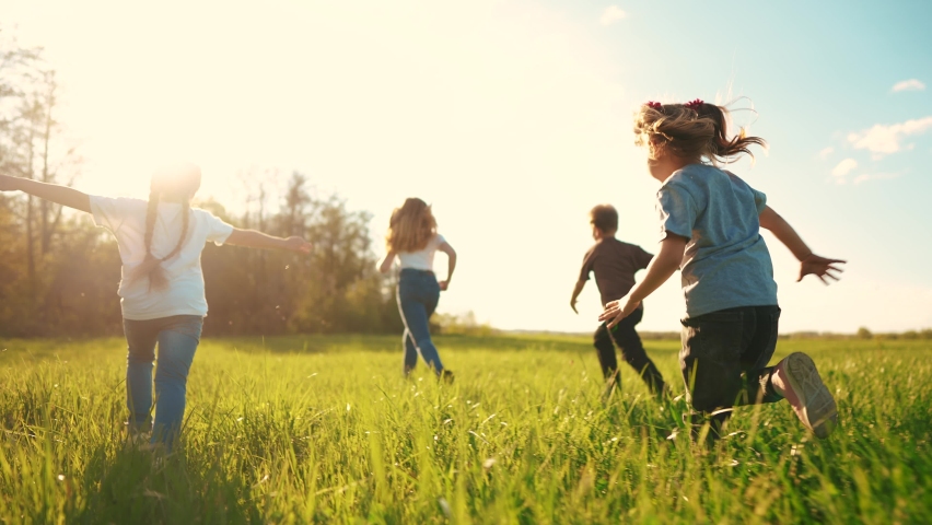 kids run in the park. a large group of a team of children running back view sunlight in the summer on the grass in the park camera lifestyle movement. people in the park happy family kid dream concept Royalty-Free Stock Footage #1090752463
