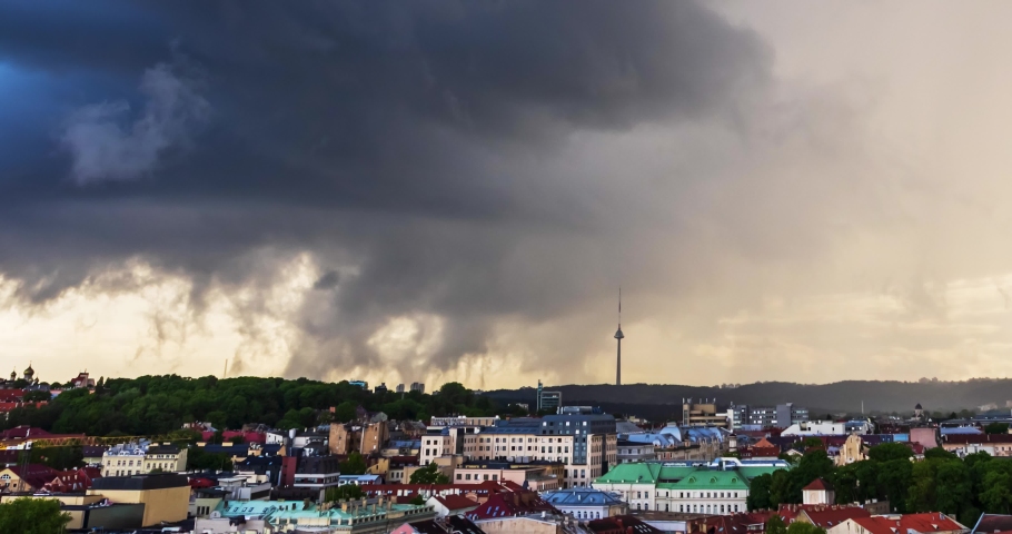 Storm spinning over the city, dramatic storm clouds, 4k timelapse movie