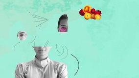 Contemporary art collage. Beautiful young girl and red yellow flowers isolated on light blue background. Bw portrait. Copy space for text, ad. Flyer. Stop motion and 2D animation. Modern artwork. - Powered by Shutterstock - Get 15% off with code: PIKWIZARD15