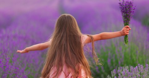 Happy little girl is running in lavender field with bouquet in hands