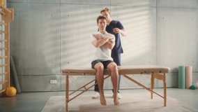 Professional Sport Physiotherapist Working on Specific Muscle Groups and Back Pain with Young Male Athlete. Sportsman Recovering from Mild Injury. Trauma Prevention Therapy or Rehabilitation. - Powered by Shutterstock - Get 15% off with code: PIKWIZARD15