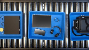Baskets with suitcases, electronics, documents and personal belongings are slowly moving towards the scanner or metal detector. Airport security screening procedures. Safety. Seamless looping video. - Powered by Shutterstock - Get 15% off with code: PIKWIZARD15