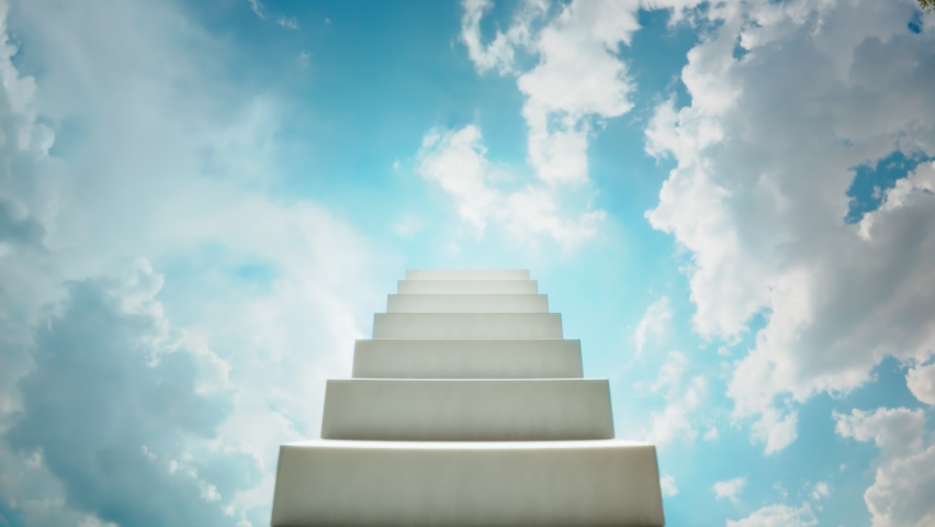 A beautiful, simple white marble stairway to heaven builds itself higher and higher in clouds in an infinite loop. Hope for salvation in the face of God. Self improve a way for a higher purpose. Royalty-Free Stock Footage #1090759577