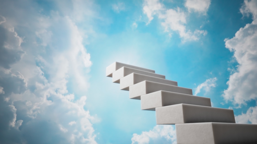 A beautiful, simple white marble stairway to heaven builds itself higher and higher in clouds in an infinite loop. Hope for salvation in the face of God. Self improve a way for a higher purpose. Royalty-Free Stock Footage #1090759581