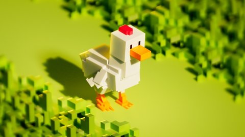 Voxel white hen build with small blocks walking slowly on a grass field. Simple animation of a bird calmly walking. Pixel, fun, game-style farm animals in motion. Vibrant colors fun, summer animation.