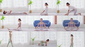 Collage of 9 montage yoga exercise videos Asian healthy woman workout excercise at home. Group videos of Athletic female yoga breathing exercise by her self for strong and wellness life. Self care
