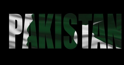 Pakistan country name on transparent background. Word animation with waving national flag