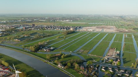 Aerial View Of Polder By The Gouwe River In Gouda, Netherlands. pan left