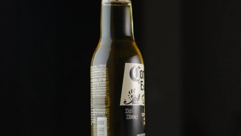 Zaporozhye, Ukraine - May 26, 2022: Corona beer in bottle closeup