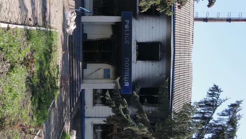 Vertical video of a destroyed police station in Borodyanka, Ukraine