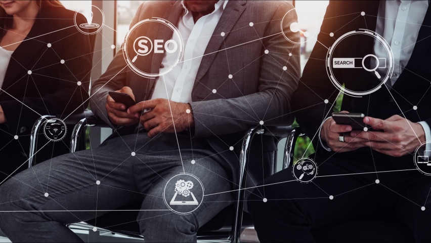 SEO - Search Engine Optimization for Online Marketing conceptual . Modern graphic interface showing symbol of keyword research web promotion by optimize customer search and analyze market strategy.