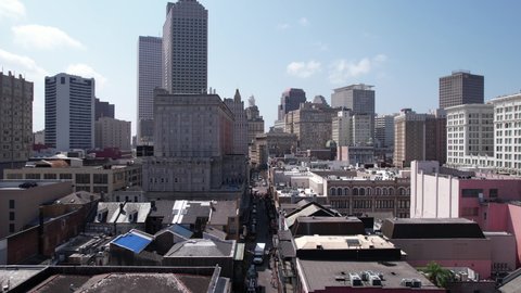 New Orleans , Louisiana , United States - 05 23 2022: Establishing Drone Shot of Downtown, Central Buildings on Sunny Day, Pedestal Aerial View