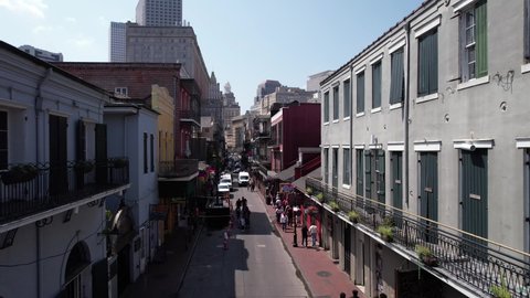 New Orleans , Louisiana , United States - 05 23 2022: Aerial View of Downtown, Bourbon Street, French Quarter Buildings and Downtown Towers, Establishing Pedestal Drone Shot
