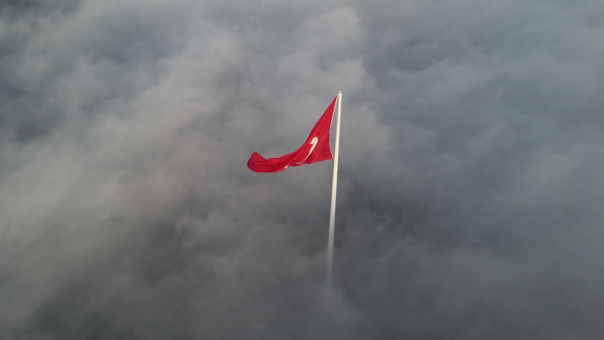 Turkish Flag in the Fog Drone Video, Camlica Hill Uskudar, Istanbul Turkey Royalty-Free Stock Footage #1090781041