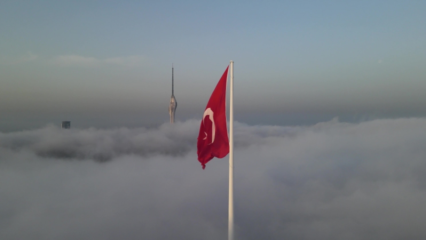 Turkish Flag in the Fog Drone Video, Camlica Hill Uskudar, Istanbul Turkey Royalty-Free Stock Footage #1090781043