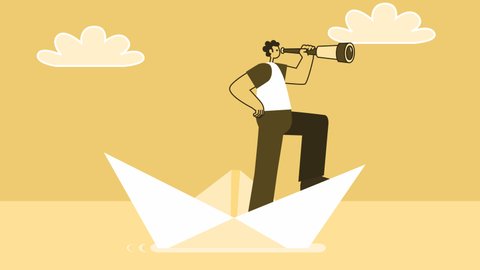 Yellow Style Man Flat Character Looking Through Telescope and Sailing on Paper Boat. Isolated Loop Animation with Alpha Channel