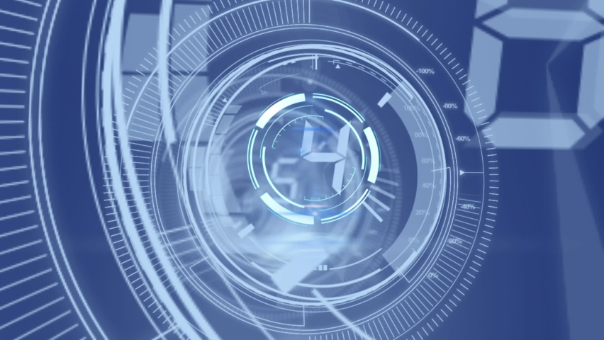 Animation of clock and data processing over blue background. global science, data processing and digital interface concept digitally generated video.