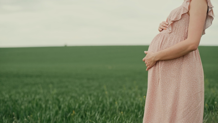 Young pregnant woman in a pink summer dress stands among a green field with wheat. In the background a blue sky, a woman gently stroking her stomach with her hands.