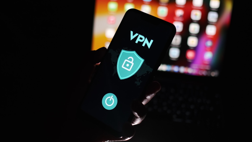Switch On VPN Interface or VPN App on Mobile Smartphone in Wireless Connection with Anonymous Person. Virtual Private Network in Cyber Attack Prevention. Personal Data Encoding and Encryption. Closeup Royalty-Free Stock Footage #1090792917